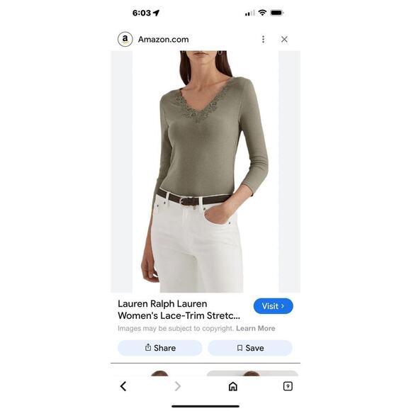 Lauren Ralph Lauren Women's Sz L Lace-Trim V-neck Stretch Cotton Top Green NWT - Picture 8 of 11